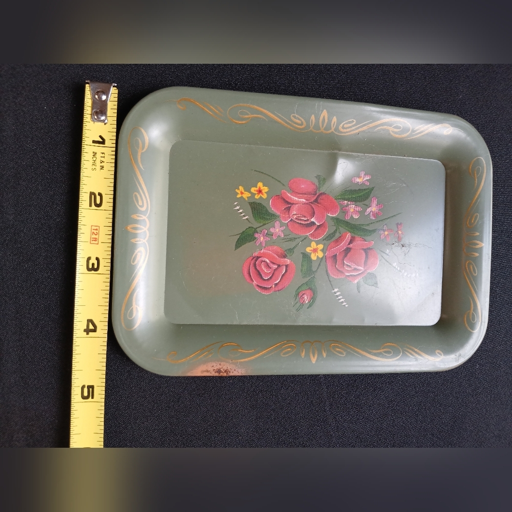 Rustic Green Shabby Chic Floral Tole work Tip Tray
